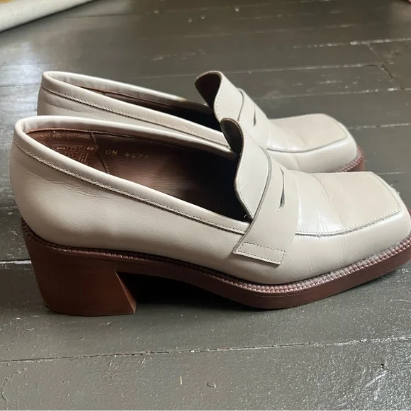 ALOHAS Cream Leather Block Heel Loafers - Picture 3 of 9